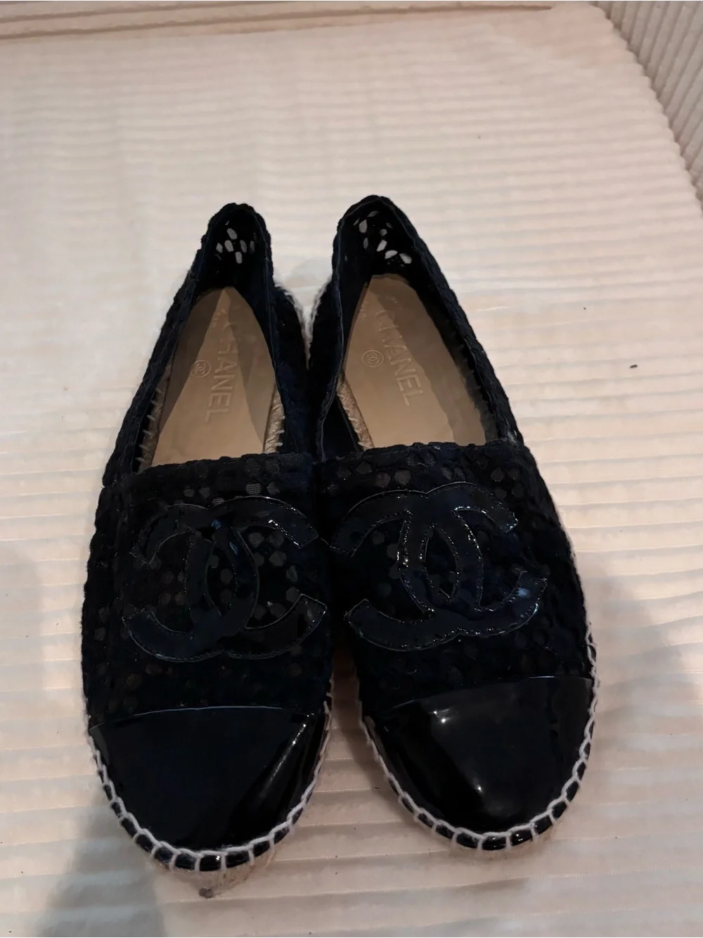 CHANEL Black Woven Espadrille Flats with Patent Cap Toe